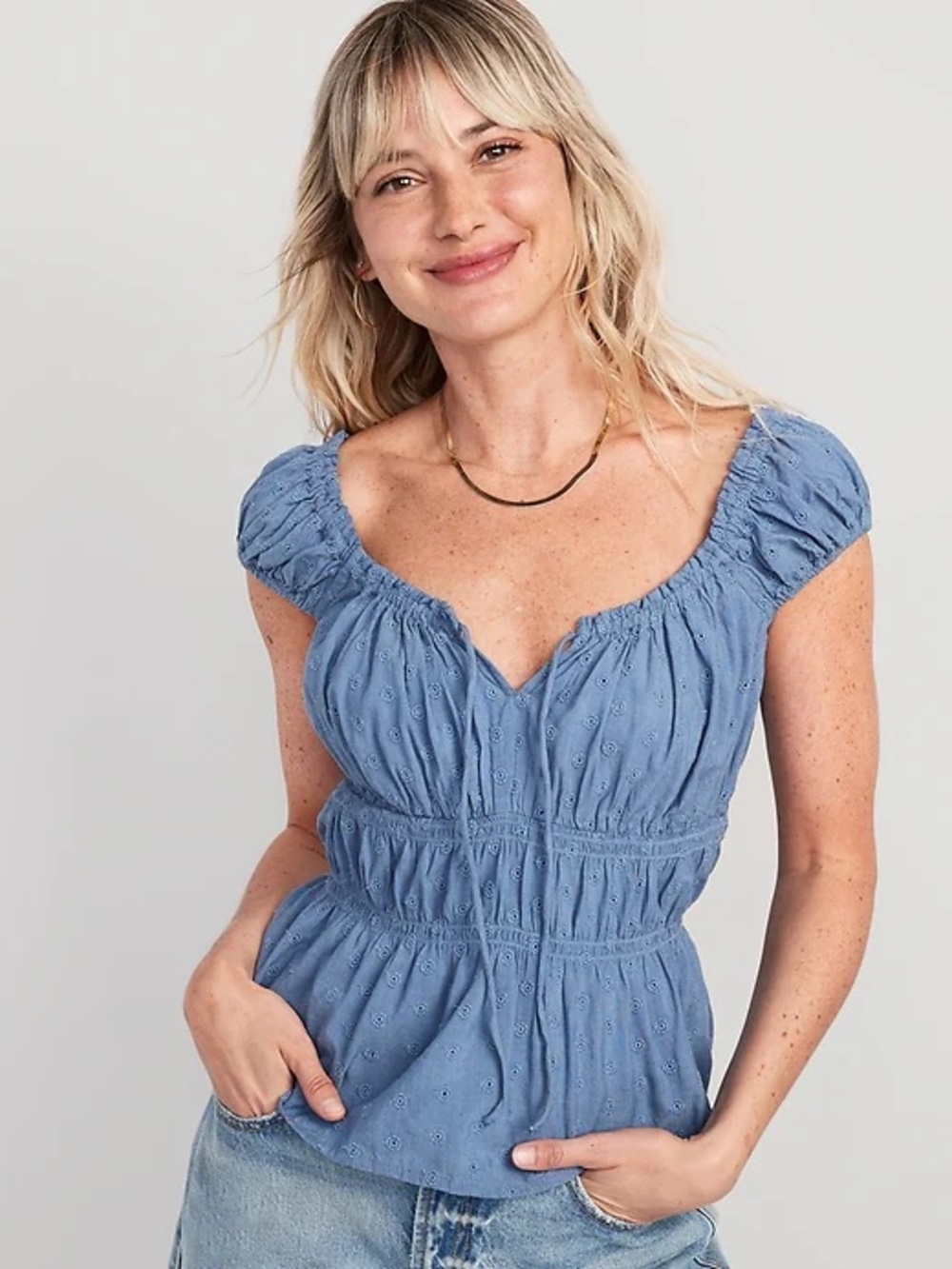 Old Navy Blue Eyelet Peplum Puff Sleeve Top